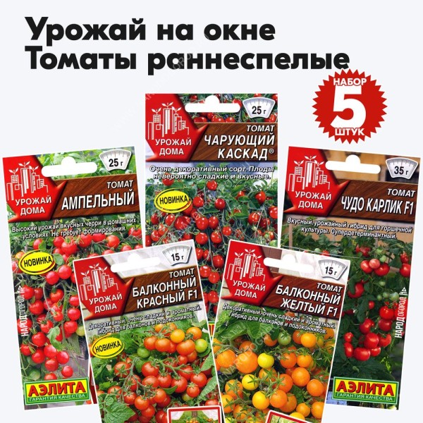 Семена томаты раннеспелые для выращивания дома на окне подоконнике, комплект 5 пакетиков