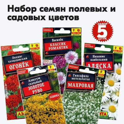 Семена полевых и садовых цветов (нивяник, гипсофила, алиссум, василек, лихнис) - 5 пакетиков