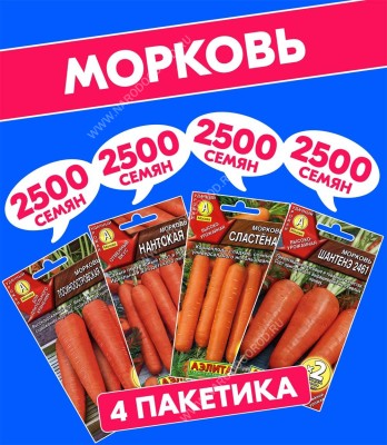 Семена овощей морковь Лосиноостровская 13 + Нантская 4 + Сластена + Шантенэ 2461, 4 разных пакетика