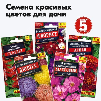 Семена цветов для дачи (сальвия, портулак, бархатцы, астра, вербена) - 5 пакетиков