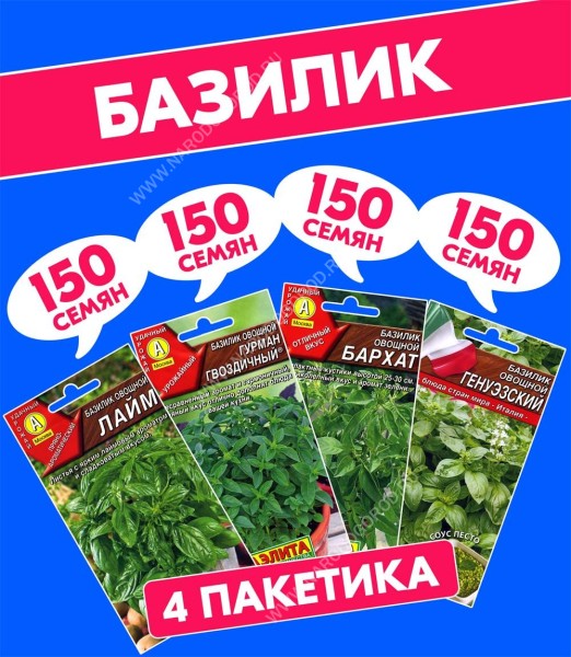 Семена Базилик овощной зеленый Бархат + Генуэзский + Гурман Гвоздичный + Лайм, 4 разных пакетика