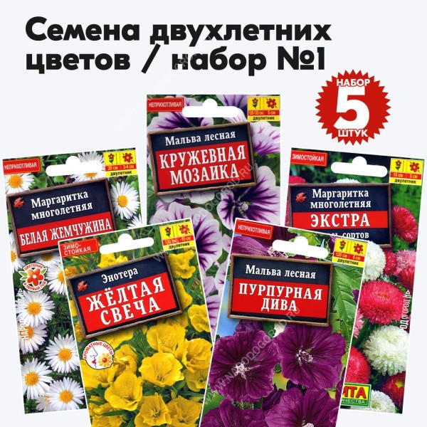 Набор семян цветов (мальва, энотера, маргаритка) - 5 пакетиков