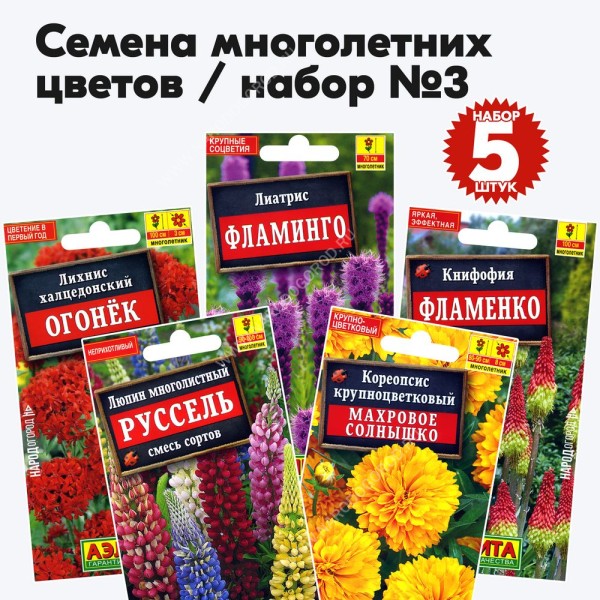 Семена многолетних цветов набор №3 (растения высотой 50-100см) (кореопсис, люпин, книфофия, лиатрис, лихнис) - 5 пакетиков