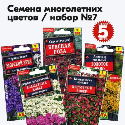 Семена многолетних цветов набор №7 (растения высотой до 50см) (алиссум, арабис, камнеломка, седум, черноголовка) - 5 пакетиков