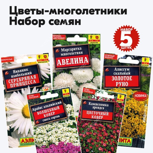 Семена многолетних цветов набор №7 (растения высотой до 50см) (алиссум, арабис, камнеломка, нивяник, маргаритка) - 5 пакетиков