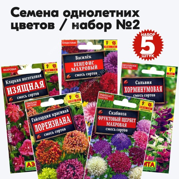 Семена однолетних цветов для сада (скабиоза, гайлардия, кларкия, сальвия, василек) - 5 пакетиков