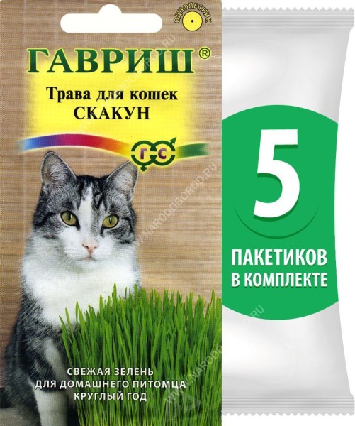 Семена Трава для кошек Скакун (овес, мятлик луговой, райграс), 5 пакетиков по 10г