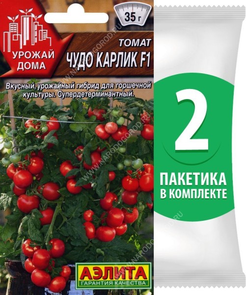Семена Томат ультраскороспелый Чудо Карлик F1 (для выращивания дома в комнате, на балконе, лоджии и подоконнике), 2 пакетика по 10шт