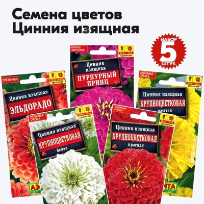 Набор семян цветов Цинния - комплект 5 пакетиков