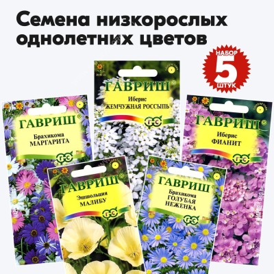 Семена низкорослых однолетних цветов для сада и дачи (эшшольция, брахикома, иберис) Гавриш - набор 5 пакетиков