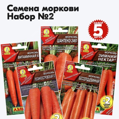 Набор семян моркови для посадки (Бессердцевинная, Витаминная 6, Зимний Нектар, Лосиноостровская 13, Шантенэ 2461), комплект 5 пакетиков